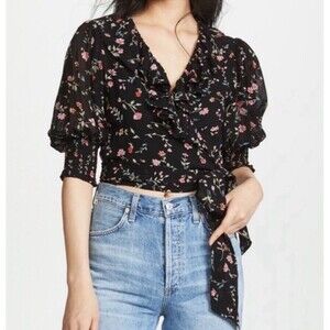 Ganni Blouse 38 US M Printed Georgette Floral Wrap ruffle feminine